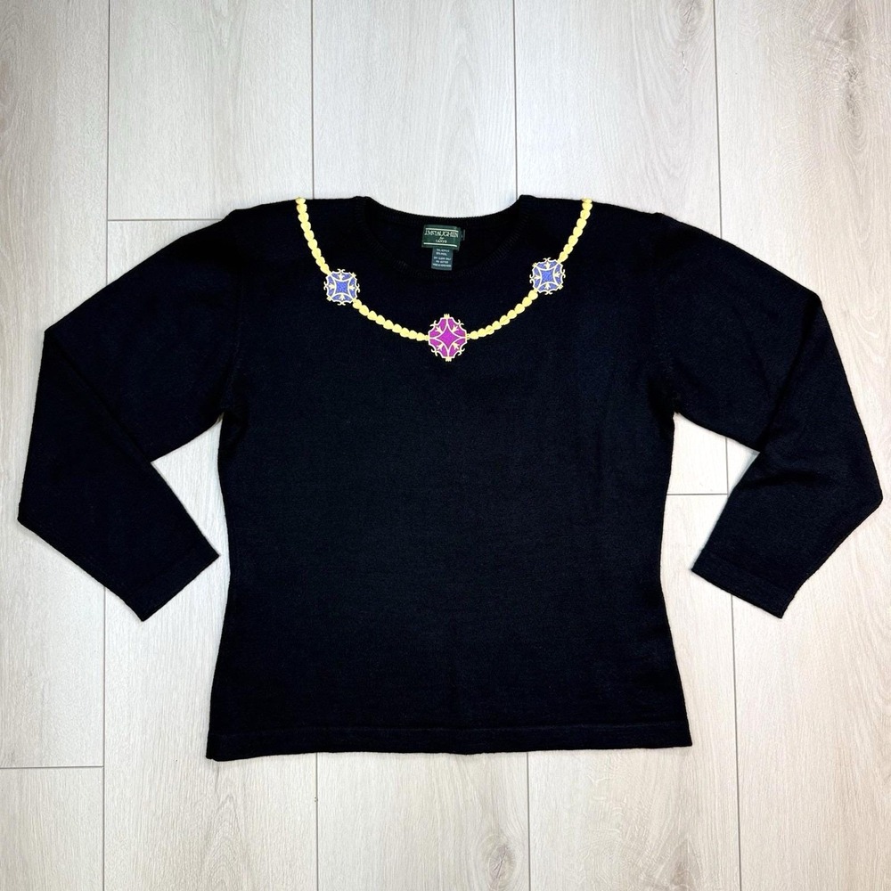 VTG J. McLaughlin‎ for Sanyo Jeweled Chain Sweater Black Wool Blend Made HK L